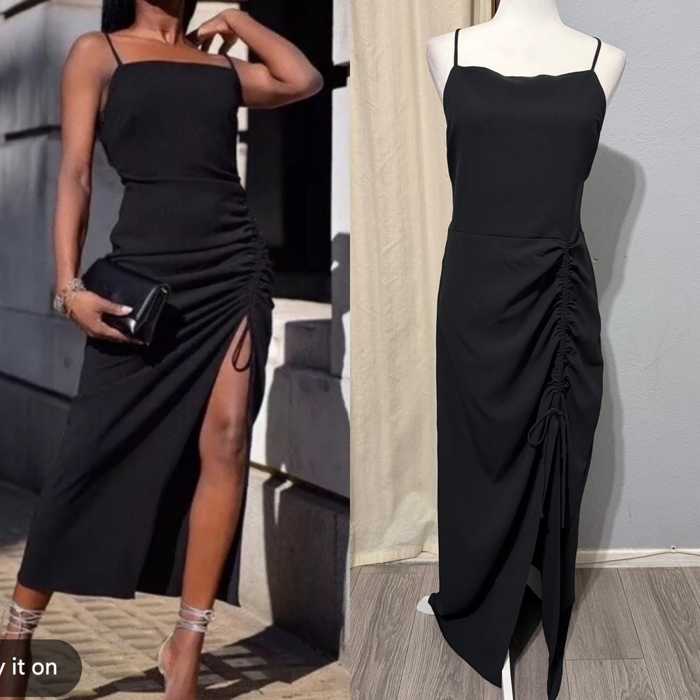 New Material Girl Midi Dress L Caviar Black Ruched Side Slit Cocktail Prom Edgy